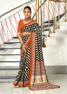 Divastri Blocked Printed, Printed Chanderi Cotton Blend Saree(Black)