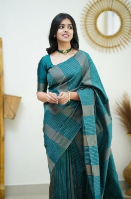 shopzoo trend Embellished, Self Design, Woven, Striped Banarasi Cotton Silk, Jacquard Saree(Light Blue)