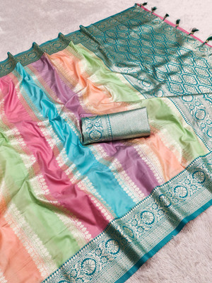 Tasrika Woven Banarasi Cotton Silk Saree(Pack of 2, Multicolor)