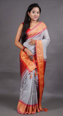ANU INDIAN FASHION Woven, Temple Border Handloom Cotton Silk Saree(Grey)