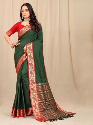 Julee Self Design Assam Silk Silk Blend Saree(Green)