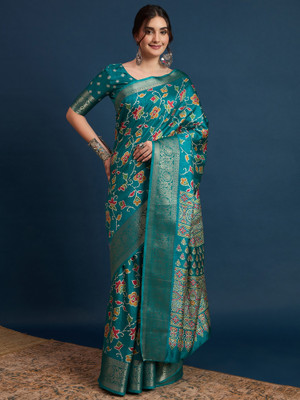 Sareemall Printed Chinnalapattu Silk Blend Saree(Light Blue)
