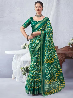 sareezaatrendz Printed Daily Wear Cotton Linen Saree(Green)