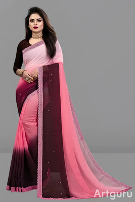 WOM BAB Embellished, Solid/Plain Bollywood Georgette Saree(Pink)