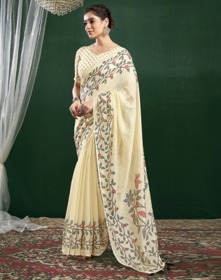 Divastri Woven, Floral Print Daily Wear Cotton Blend Saree(Cream)