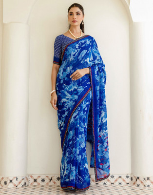 Samah Printed Daily Wear Georgette, Chiffon Saree(Dark Blue)