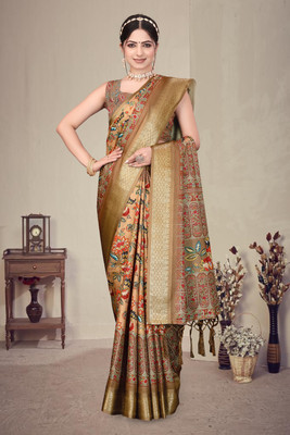 KB DESIGNER Printed, Floral Print, Woven Dharmavaram Cotton Silk Saree(Brown)