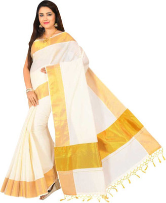 Gugaliya Solid/Plain Kasavu Pure Cotton Saree(Cream)