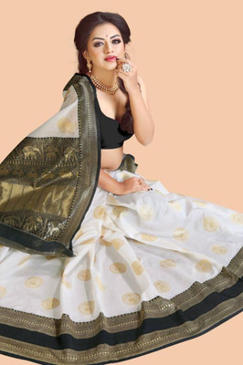 Rudr Ventures Embroidered Banarasi Cotton Silk Saree(White)