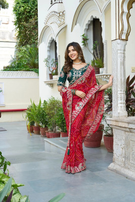 rendol Printed, Embroidered, Embellished Bandhani Georgette Saree(Red)
