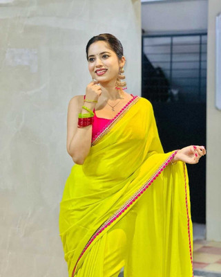 HouseOfCommon Solid/Plain Bollywood Georgette Saree(Light Green)