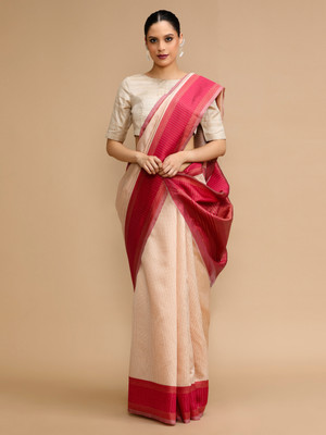 House of Pataudi Woven Banarasi Silk Blend Saree(Cream)