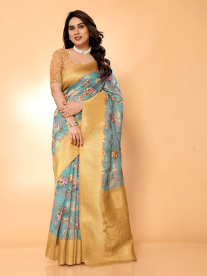 Moda Rapido Digital Print Banarasi Cotton Silk Saree(Light Green)