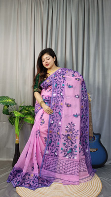 Lakshmi Boutique Animal Print Jamdani Cotton Silk Saree(Green, Yellow)