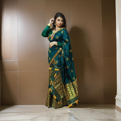 VM Selling Hub Self Design Mekhela Chador Silk Blend Saree(Dark Green)