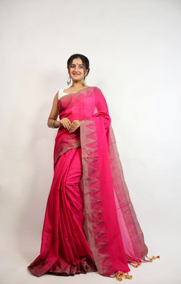 CommonHouseee Temple Border Handloom Pure Cotton Saree(Pink)