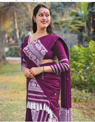 VM Selling Hub Self Design Mekhela Chador Cotton Blend Saree(Purple)