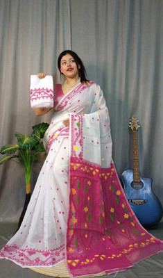 Rnn Saree Embroidered Jamdani Cotton Silk Saree(Pink, White)