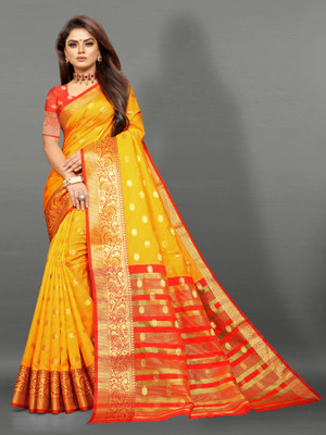 URJAZONE Woven, Paisley Banarasi Jacquard, Cotton Silk Saree(Yellow)
