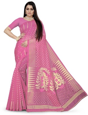 Dreamland Embroidered Jamdani Cotton Silk Saree(Pink)