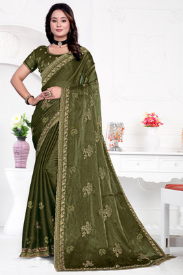 Mikhushop Floral Print Bollywood Jimmy choo Saree(Light Green)