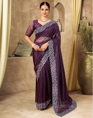 Satrani Embellished, Embroidered Bollywood Net Saree(Purple)