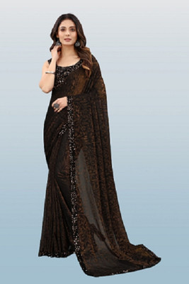 Fashion Field Self Design Bollywood Lycra Blend Saree(Brown)