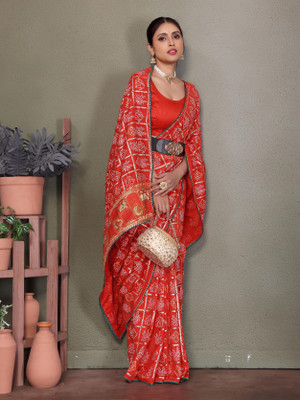 ALAGINI Embroidered Bandhani Silk Blend Saree(Red)