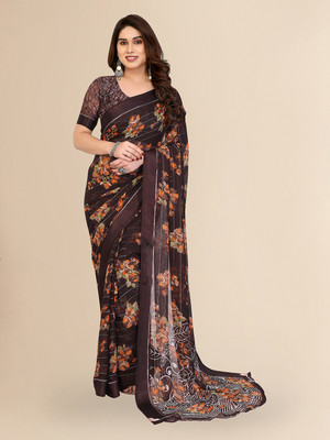Moda Rapido Embellished, Floral Print Bollywood Georgette, Satin Saree(Brown)