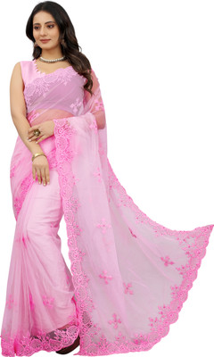 Yashvi Designer Embroidered Bollywood Net Saree(Pink)