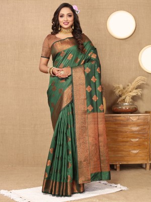 DRAVYA WOMEN Woven, Striped, Applique Bollywood Silk Blend, Art Silk Saree(Green)