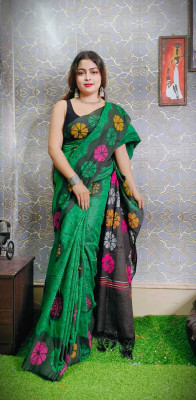 TITHISAREES Printed Sambalpuri Cotton Blend Saree(Green)