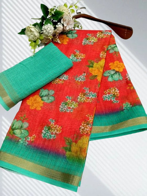 Saaransh Floral Print Kanjivaram Linen, Cotton Silk Saree(Red)