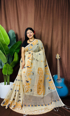 Pasum's Self Design, Embroidered, Woven, Floral Print Jamdani Cotton Silk Saree(Beige)