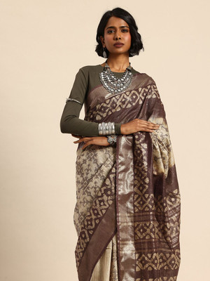 Taavi Self Design Handloom Silk Blend Saree(Cream)