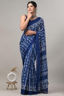 Craftmusium Printed Handloom Pure Cotton Saree(Blue, White)