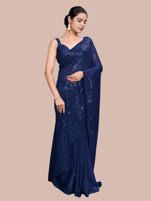 Bluebirdimpex Embellished Bollywood Georgette Saree(Blue)