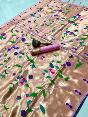 HouseOfCommon Woven Banarasi Cotton Silk Saree(Gold, Pink)