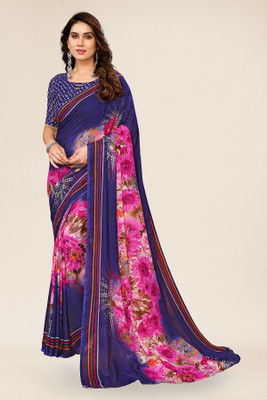 kashvi sarees Ombre, Floral Print Daily Wear Georgette Saree(Dark Blue, Pink)