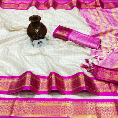 sanvi Woven, Checkered, Embellished, Self Design Daily Wear Jacquard, Cotton Silk Saree(White, Pink)