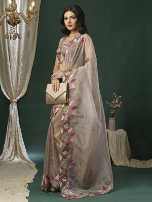 Sareemall Embroidered Bollywood Organza Saree(Beige)