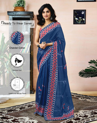 Samah Printed Daily Wear Linen Saree(Blue)