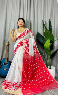 binita Woven Jamdani Cotton Silk Saree(Red, White)