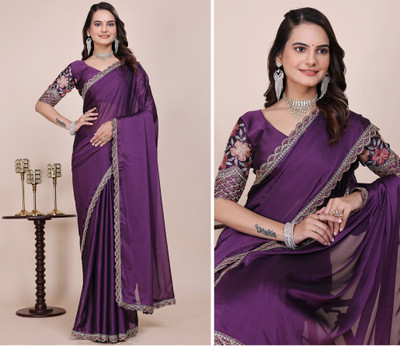 niesha fashion Embroidered, Solid/Plain Bollywood Chiffon Saree(Purple)