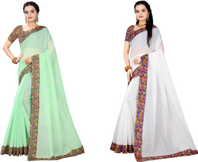 manish Printed Chanderi Cotton Blend Saree(Pack of 2, White, Light Green)