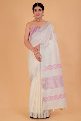 NEGRONI Solid/Plain Daily Wear Linen Saree(Cream)