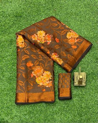 SHIMORI Embroidered Bollywood Silk Blend Saree(Brown)