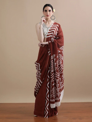 VastraNest Hand Painted Daily Wear Cotton Blend Saree(Maroon, White, Multicolor)