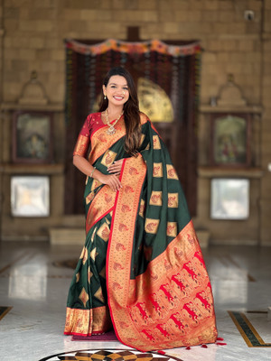 Yogik Creation Floral Print Banarasi Art Silk Saree(Green, Red)