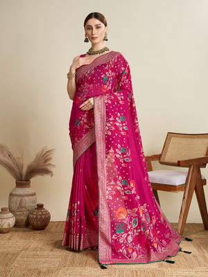 Yogik Creation Floral Print, Embroidered Banarasi Cotton Blend Saree(Pink)